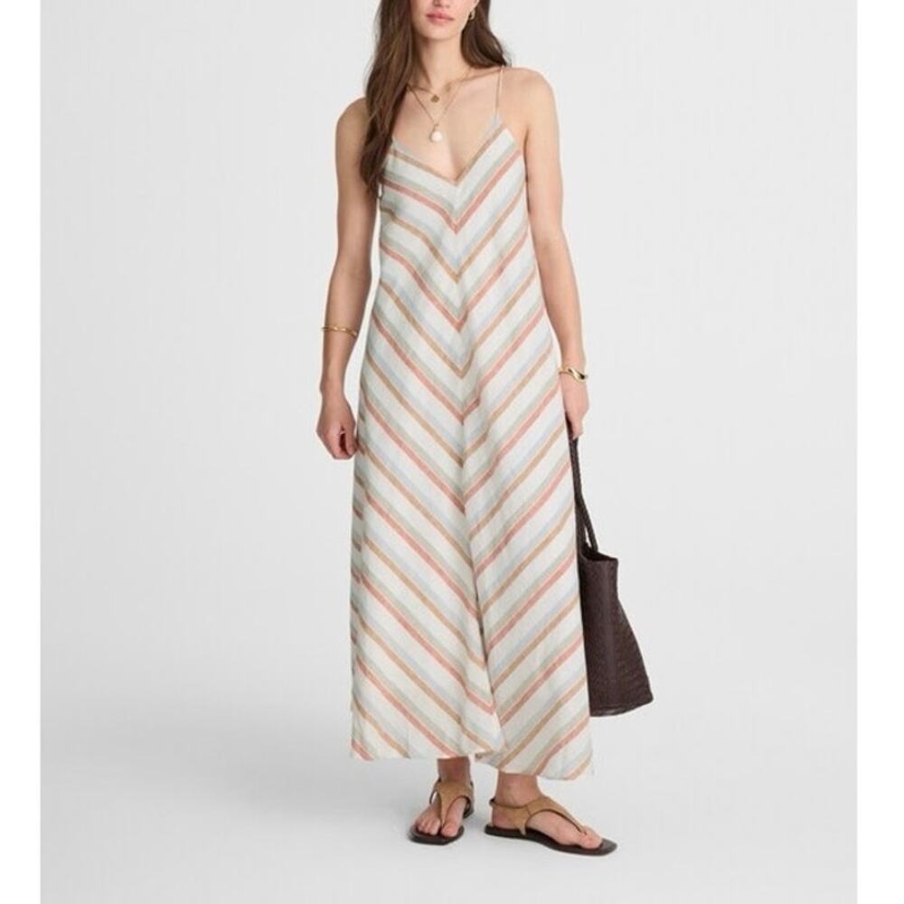 NWT Madewell Striped V-Neck Midi Dress 100% Linen Brown Red Blue Stripe XS